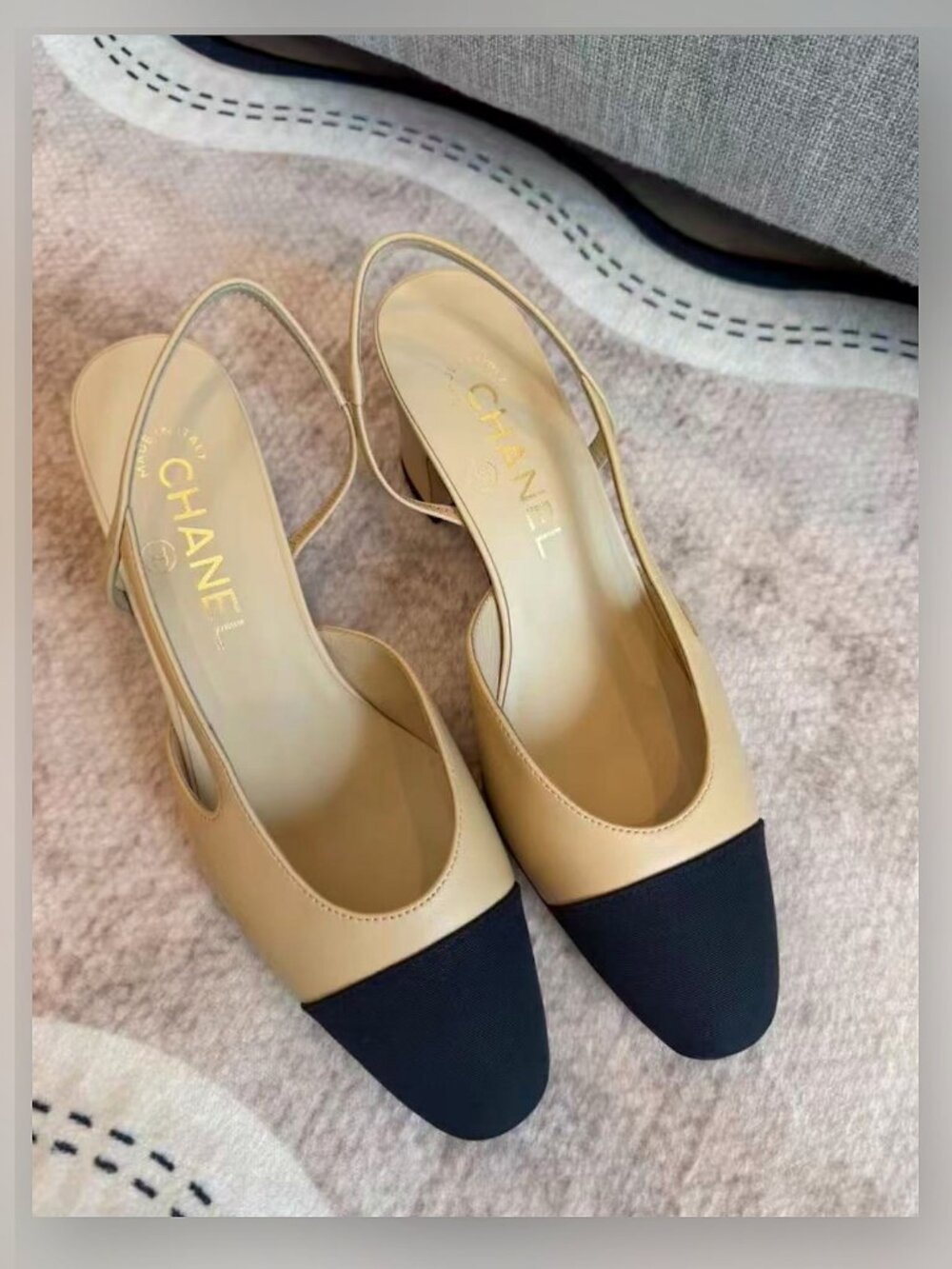 CHANEL Two Tone CC Block Heel Slingback Pumps